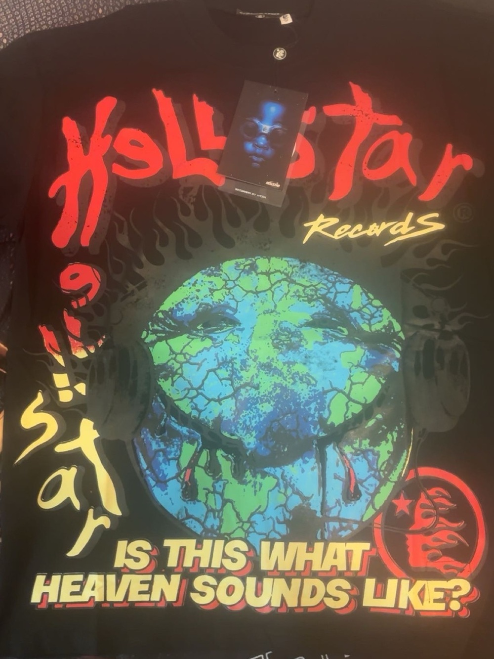 Hellstar Records Black Graphic Tee with Red & Neon Yellow Print